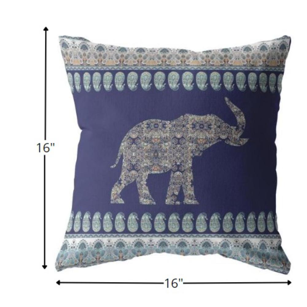 16” Navy Ornate Elephant Indoor Outdoor Throw Pillow. Picture 5