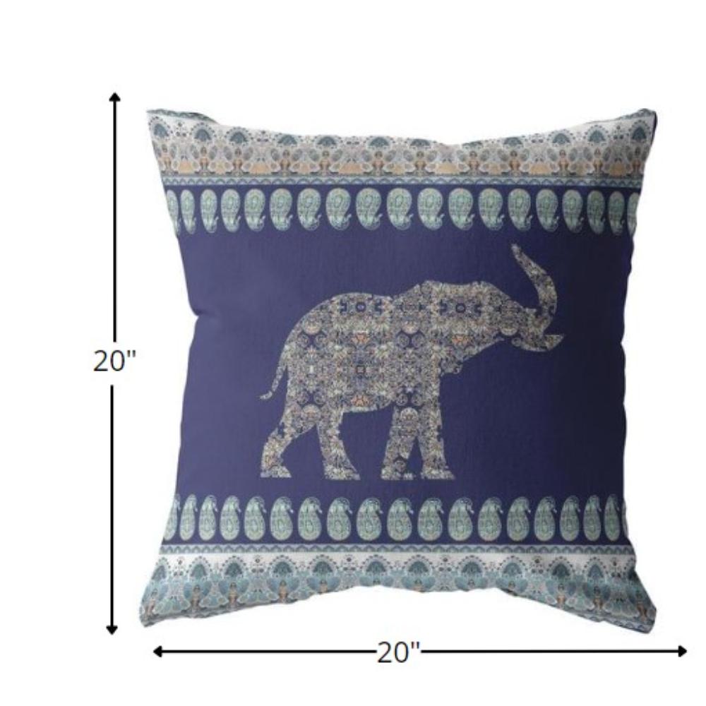 20” Navy Ornate Elephant Indoor Outdoor Throw Pillow. Picture 5