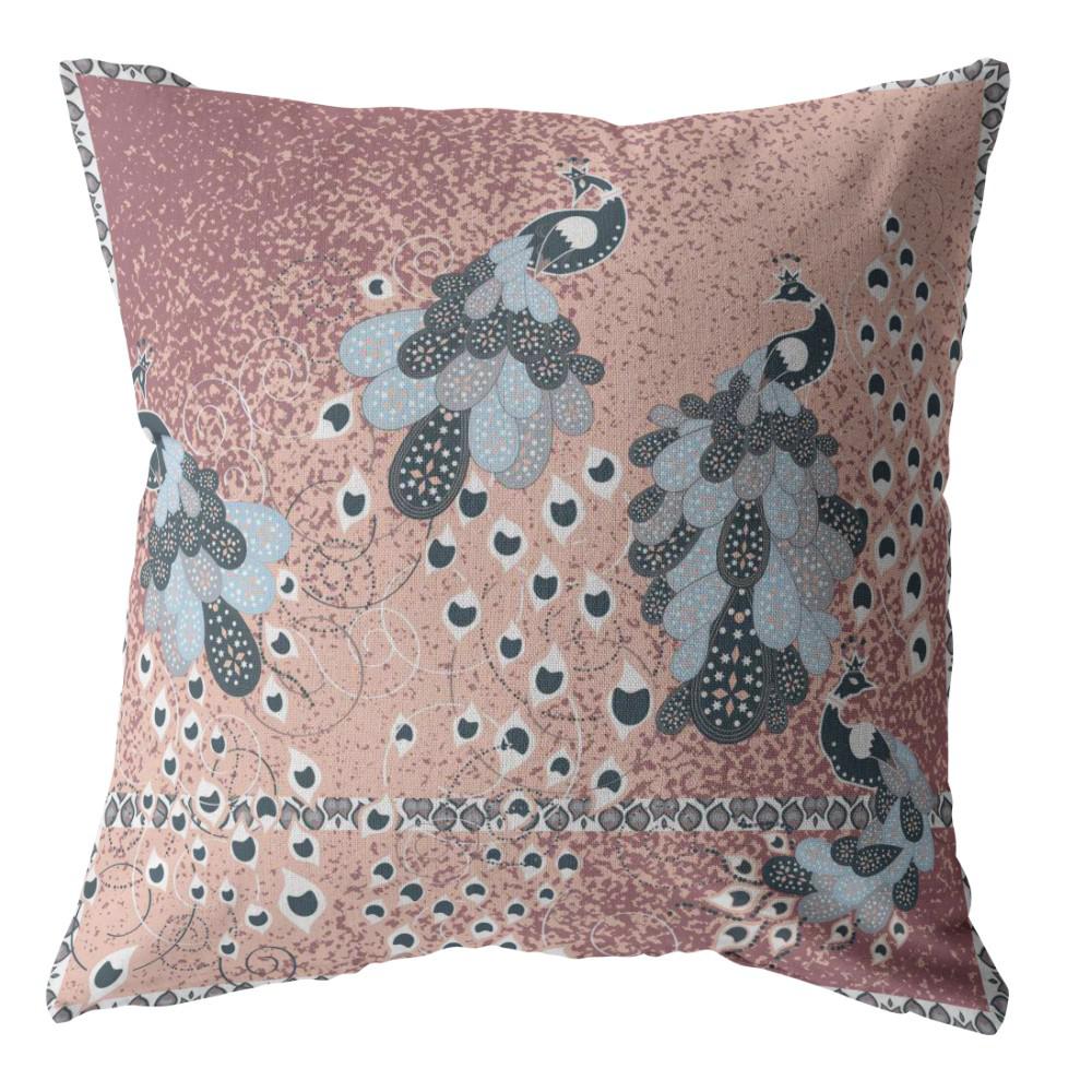 20” Dusty Pink Boho Bird Indoor Outdoor Throw Pillow. Picture 1