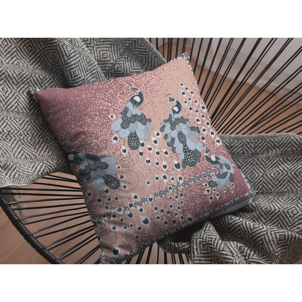 20” Dusty Pink Boho Bird Indoor Outdoor Throw Pillow. Picture 3