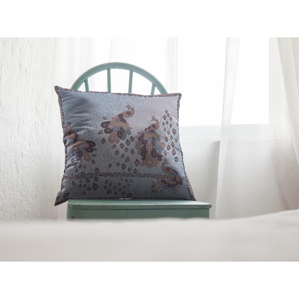 16” Blue Brown Boho Bird Indoor Outdoor Throw Pillow. Picture 3
