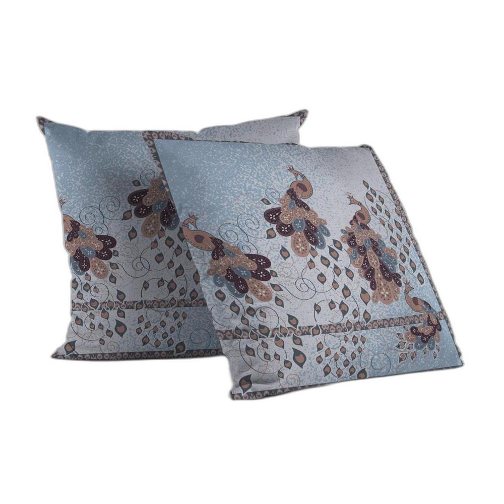 16” Blue Brown Boho Bird Indoor Outdoor Throw Pillow. Picture 1