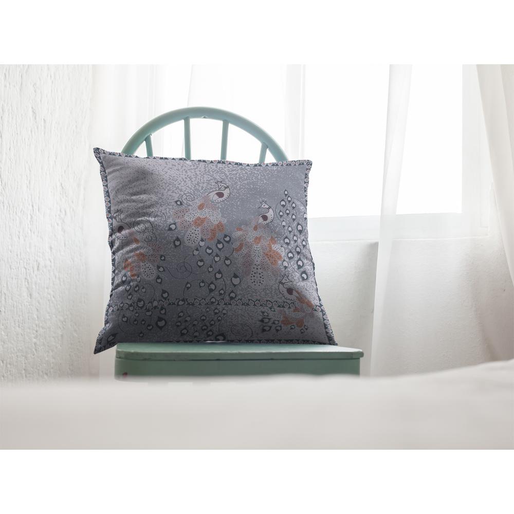 18” Gray Orange Boho Bird Indoor Outdoor Throw Pillow. Picture 3