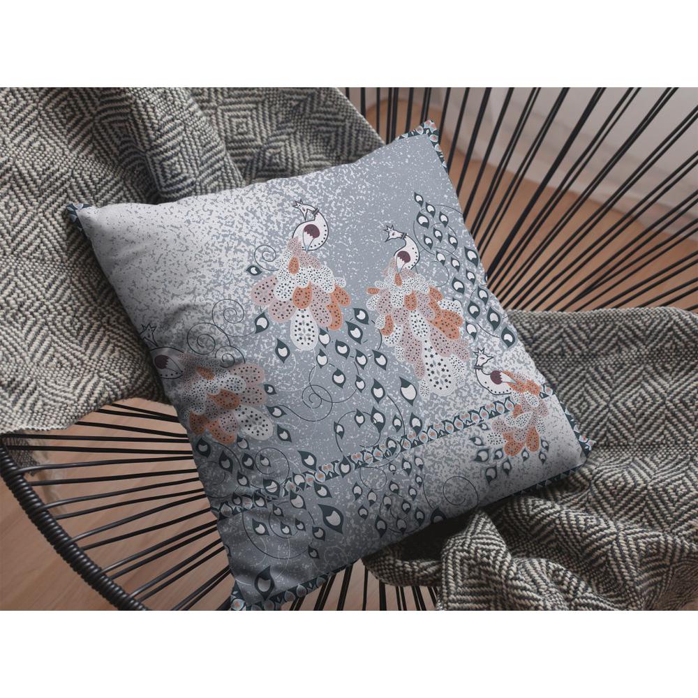18” Gray Orange Boho Bird Indoor Outdoor Throw Pillow. Picture 4