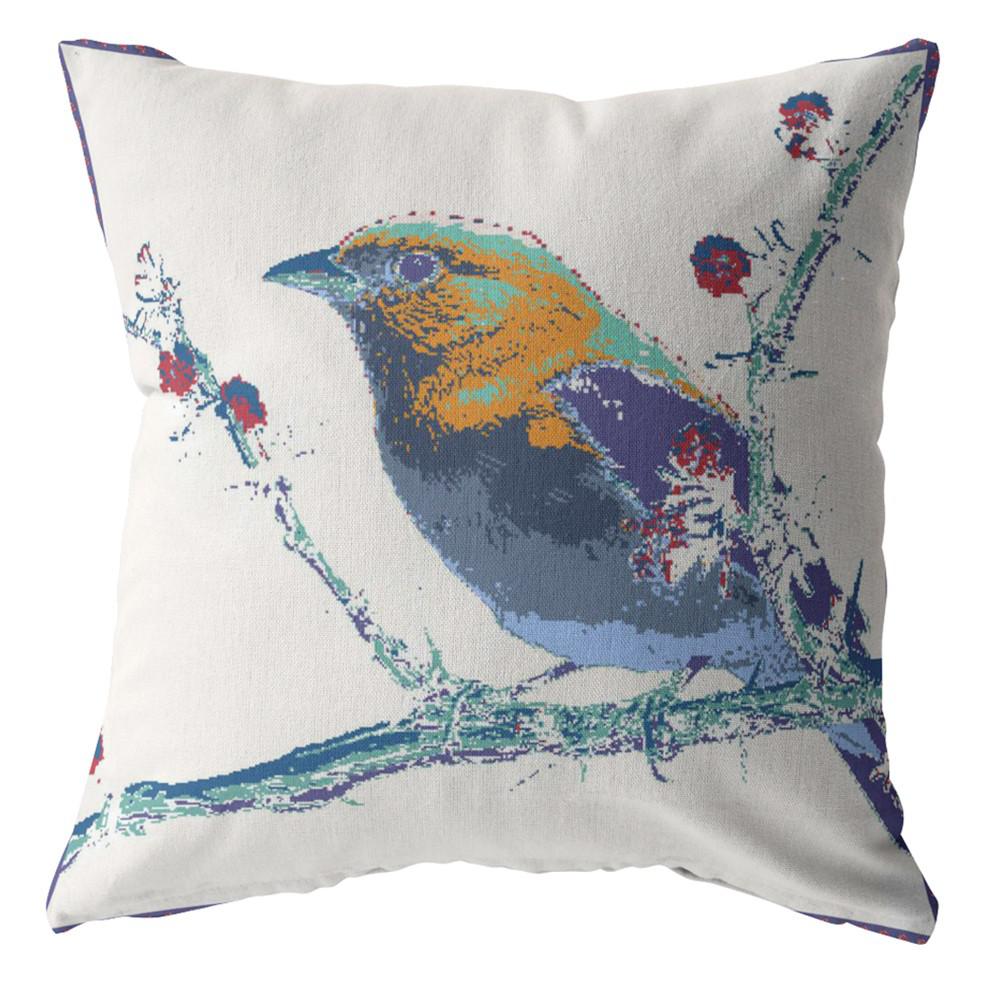 16” Blue White Robin Indoor Outdoor Throw Pillow. Picture 1