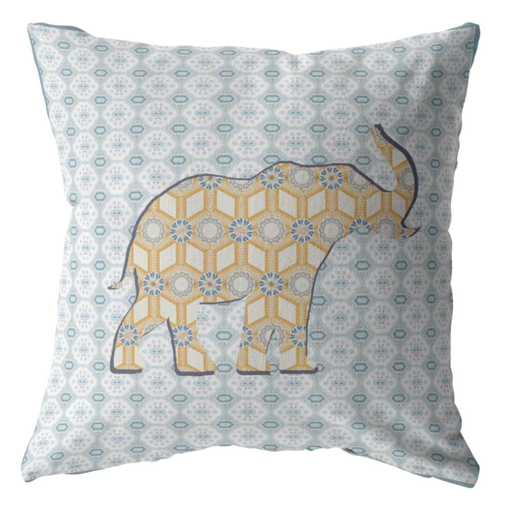 18" Blue Yellow Elephant Indoor Outdoor Throw Pillow. Picture 1