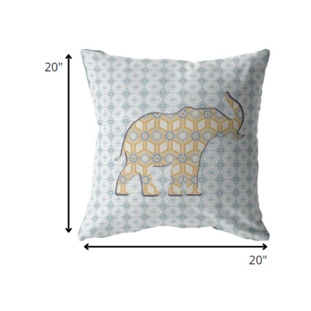 20" Blue Yellow Elephant Indoor Outdoor Throw Pillow. Picture 4