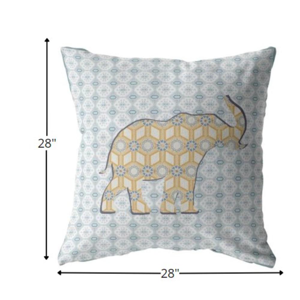 28" Blue Yellow Elephant Indoor Outdoor Throw Pillow. Picture 4