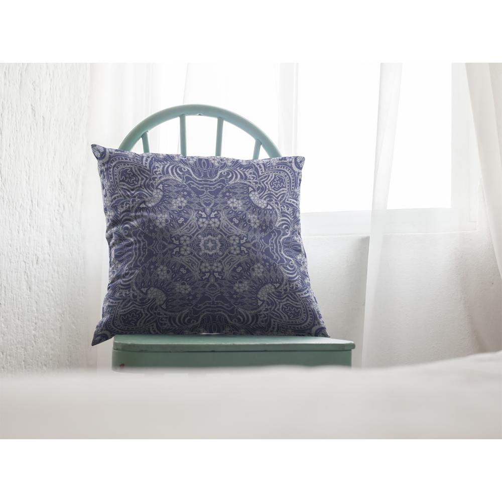 16” Indigo White Boho Ornate Indoor Outdoor Throw Pillow. Picture 3