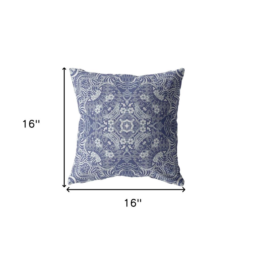 16” Indigo White Boho Ornate Indoor Outdoor Throw Pillow. Picture 5
