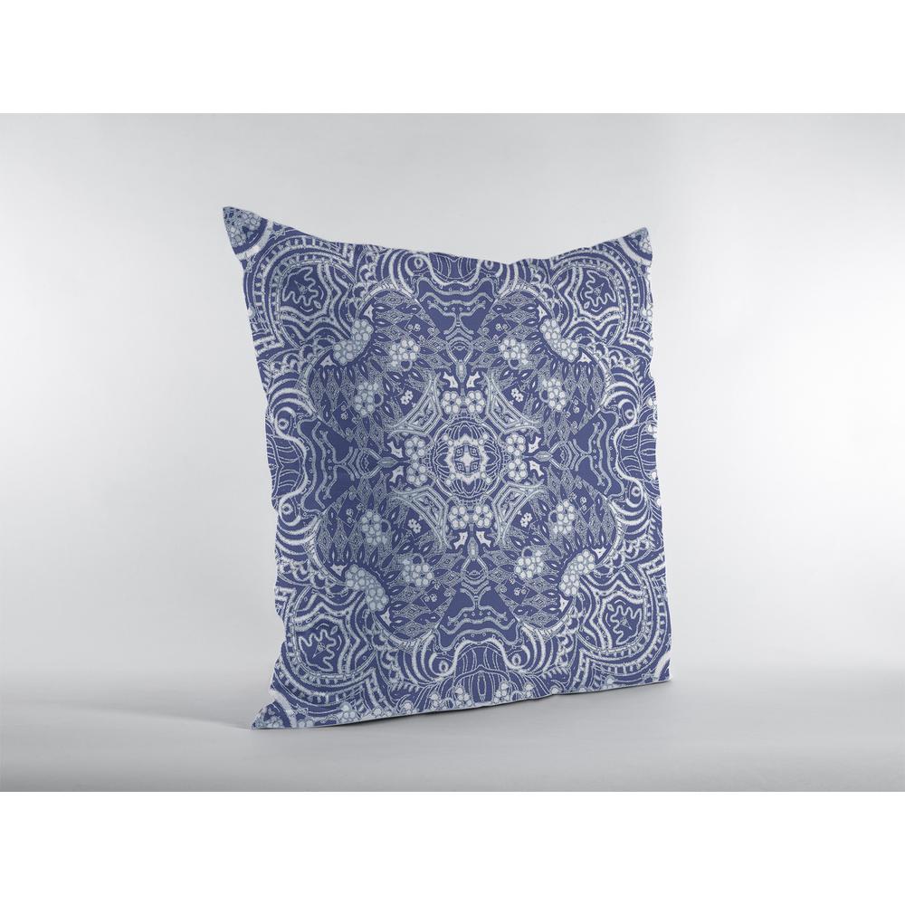 18” Indigo White Boho Ornate Indoor Outdoor Throw Pillow. Picture 4