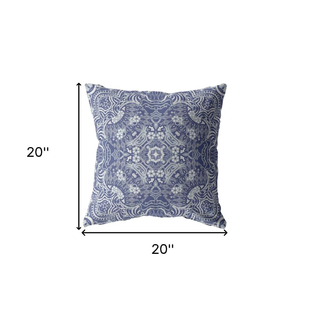 20” Indigo White Boho Ornate Indoor Outdoor Throw Pillow. Picture 5