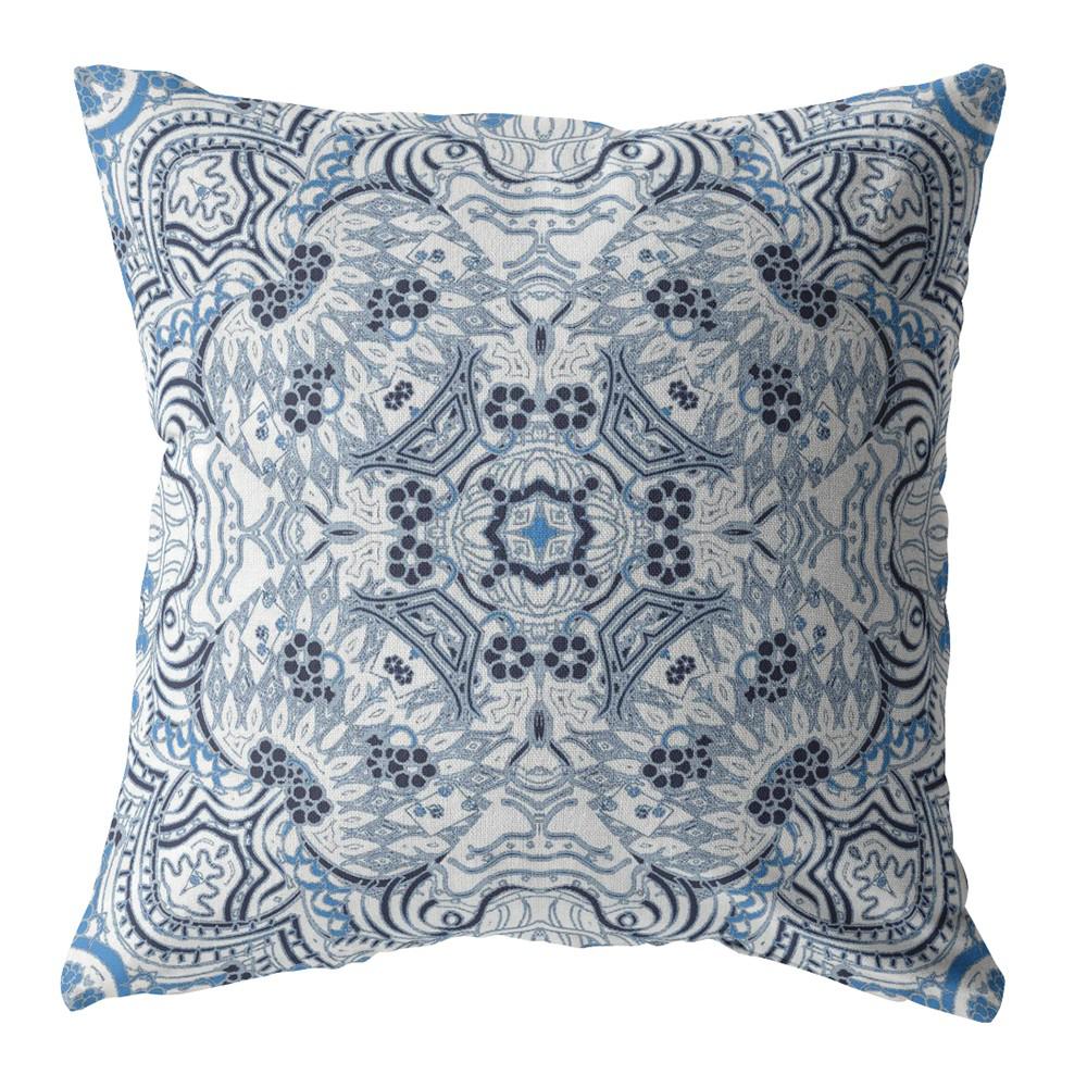 16” Light Blue Boho Ornate Indoor Outdoor Throw Pillow. Picture 1