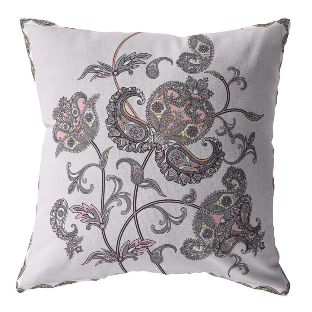 16” Gray White Wildflower Indoor Outdoor Throw Pillow. Picture 1