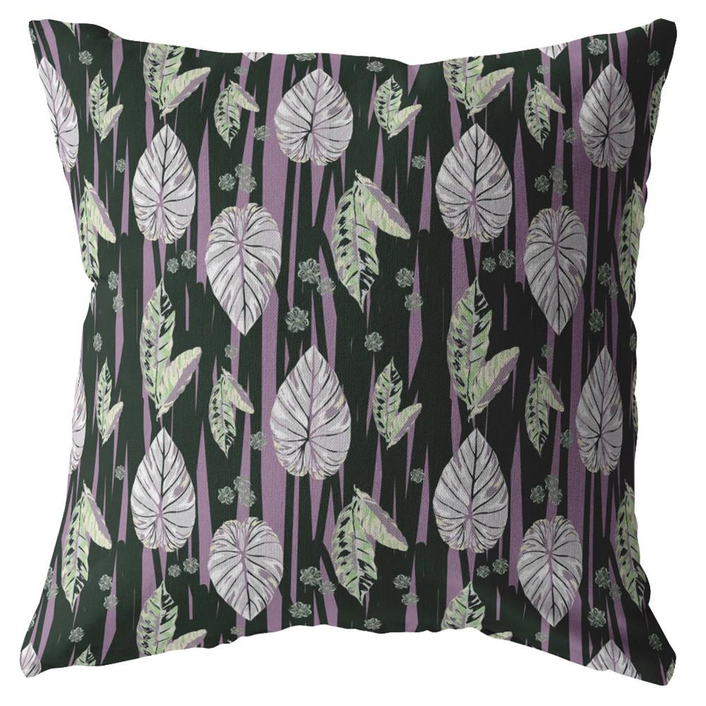 18” Black Purple Fall Leaves Indoor Outdoor Throw Pillow. Picture 1