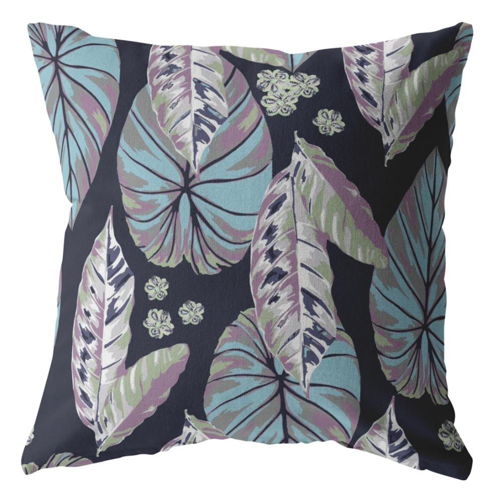 16” Blue Purple Tropical Leaf Indoor Outdoor Throw Pillow. Picture 2