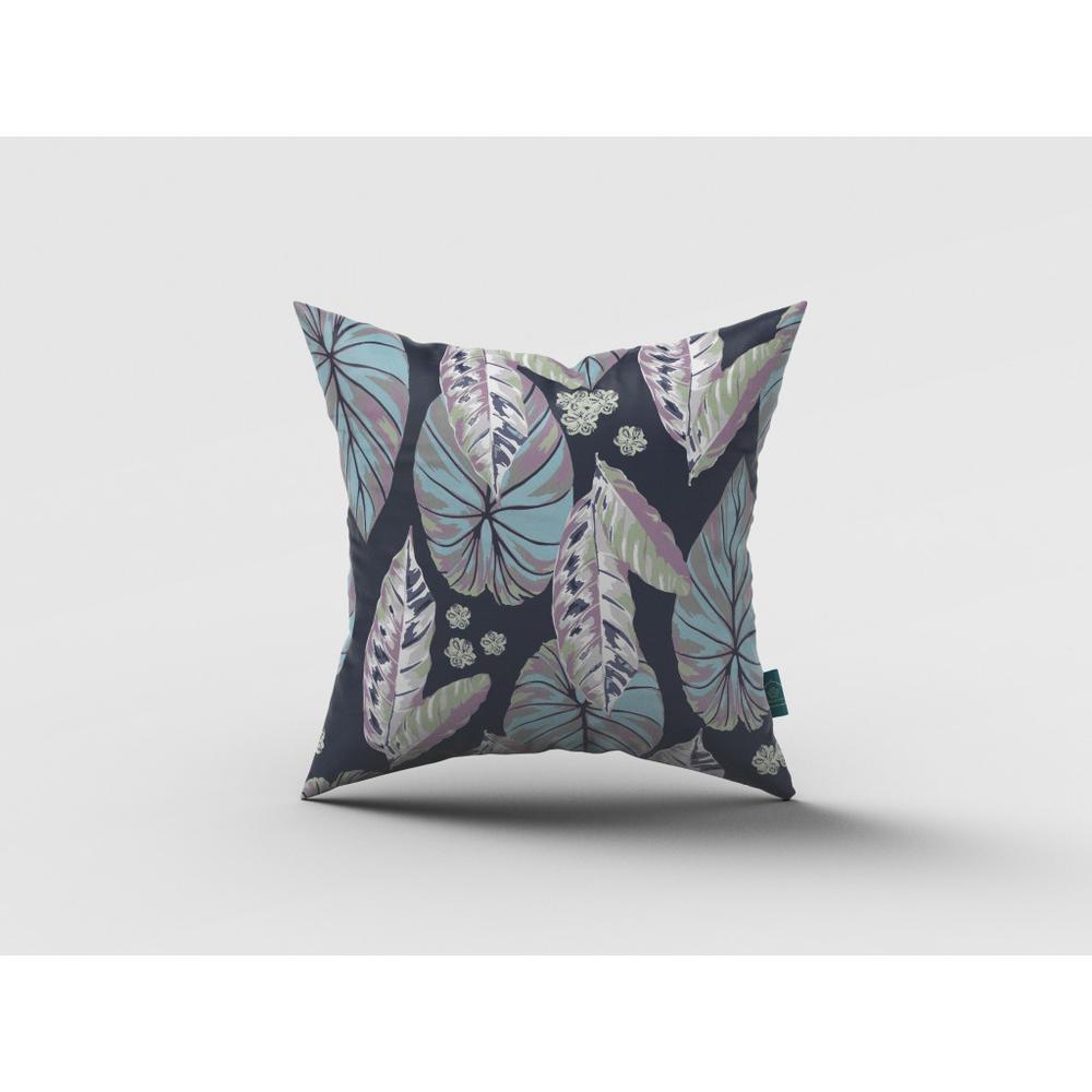 16” Blue Purple Tropical Leaf Indoor Outdoor Throw Pillow. Picture 1