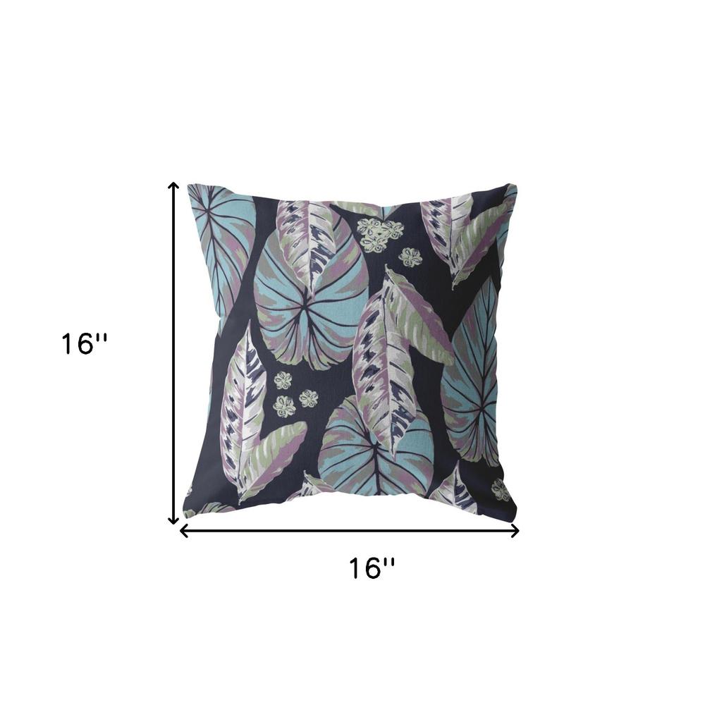 16” Blue Purple Tropical Leaf Indoor Outdoor Throw Pillow. Picture 4