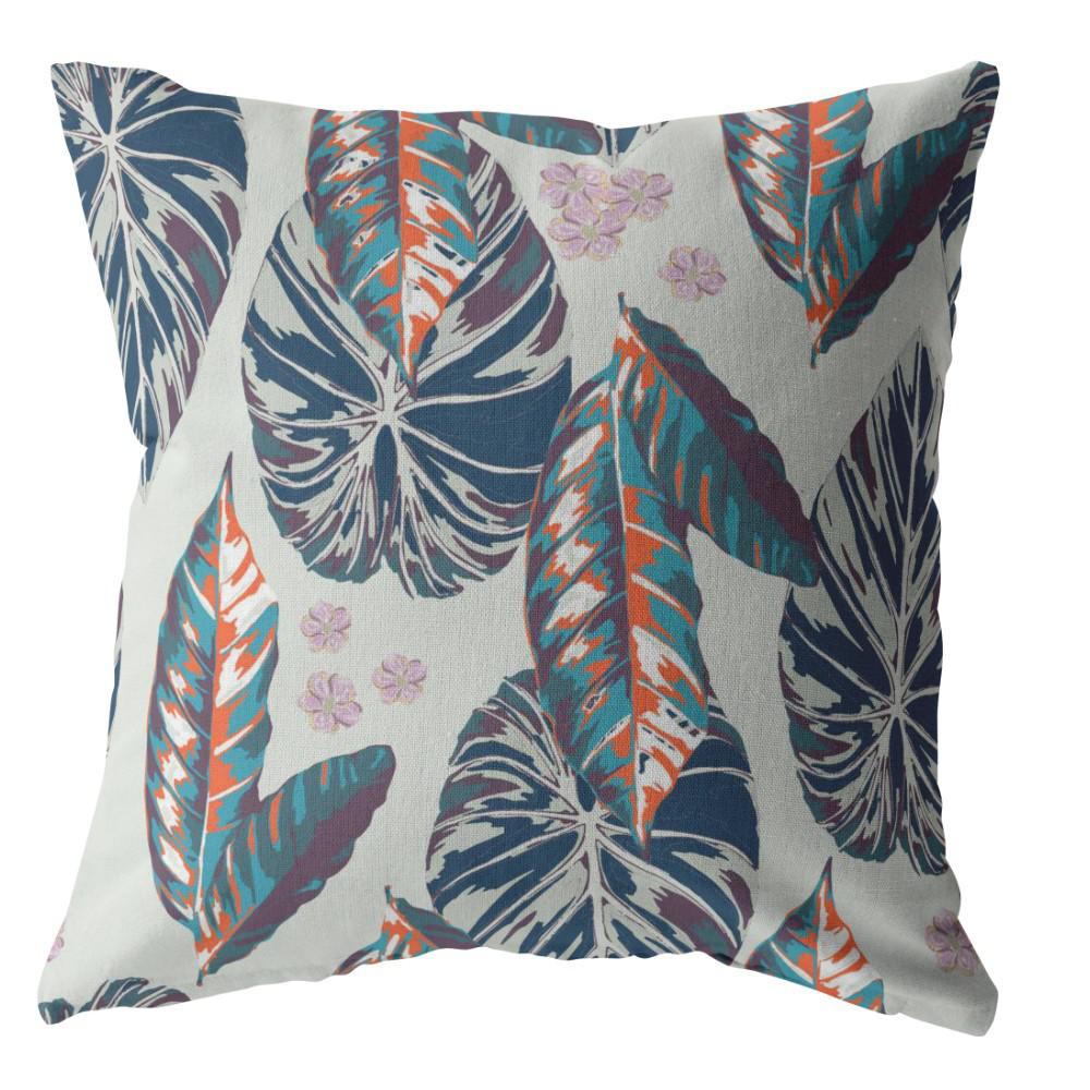 16” Blue Gray Tropical Leaf Indoor Outdoor Throw Pillow. Picture 1