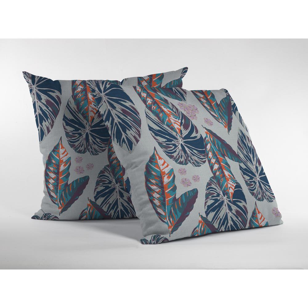 16” Blue Gray Tropical Leaf Indoor Outdoor Throw Pillow. Picture 2