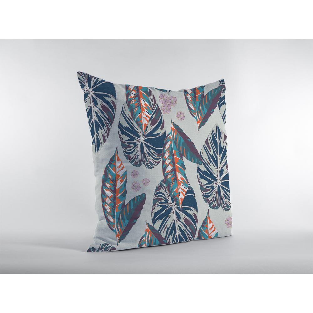 16” Blue Gray Tropical Leaf Indoor Outdoor Throw Pillow. Picture 3
