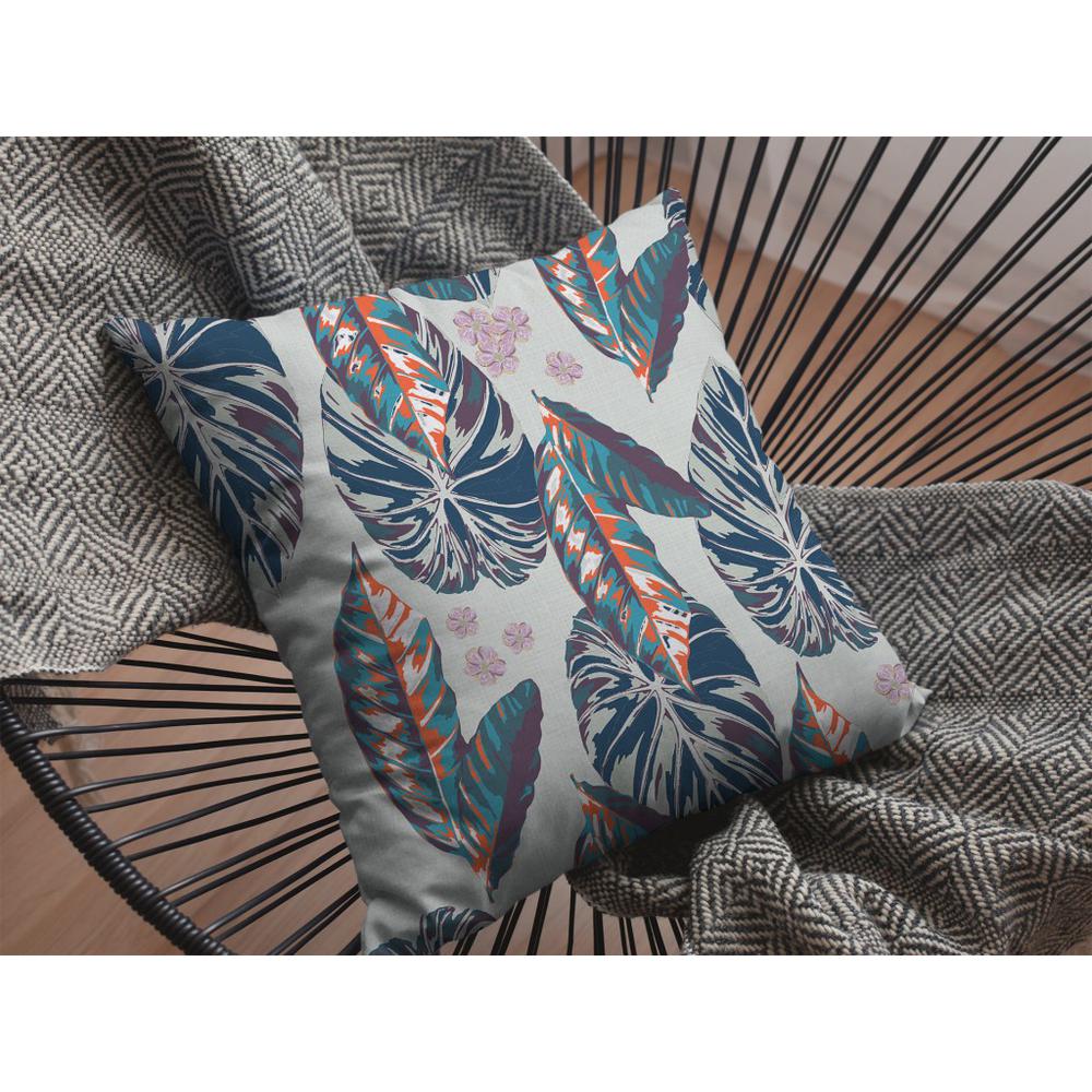 16” Blue Gray Tropical Leaf Indoor Outdoor Throw Pillow. Picture 4
