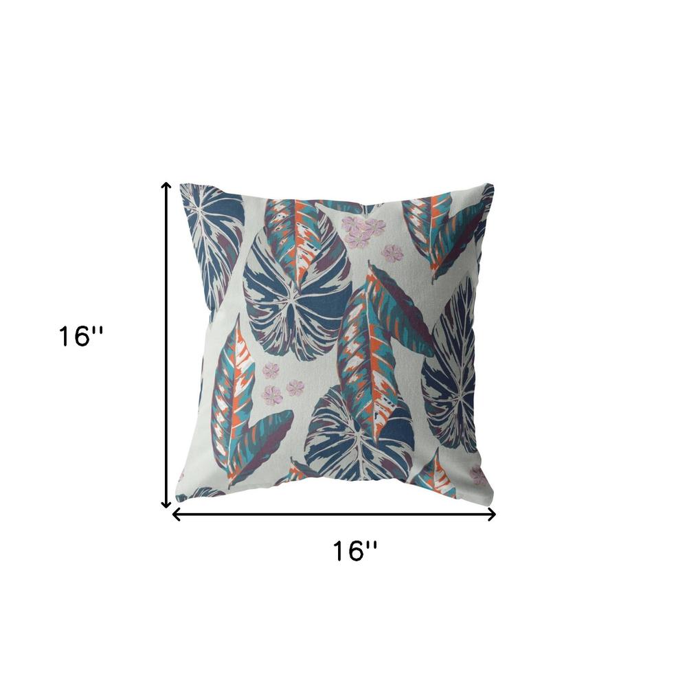 16” Blue Gray Tropical Leaf Indoor Outdoor Throw Pillow. Picture 5