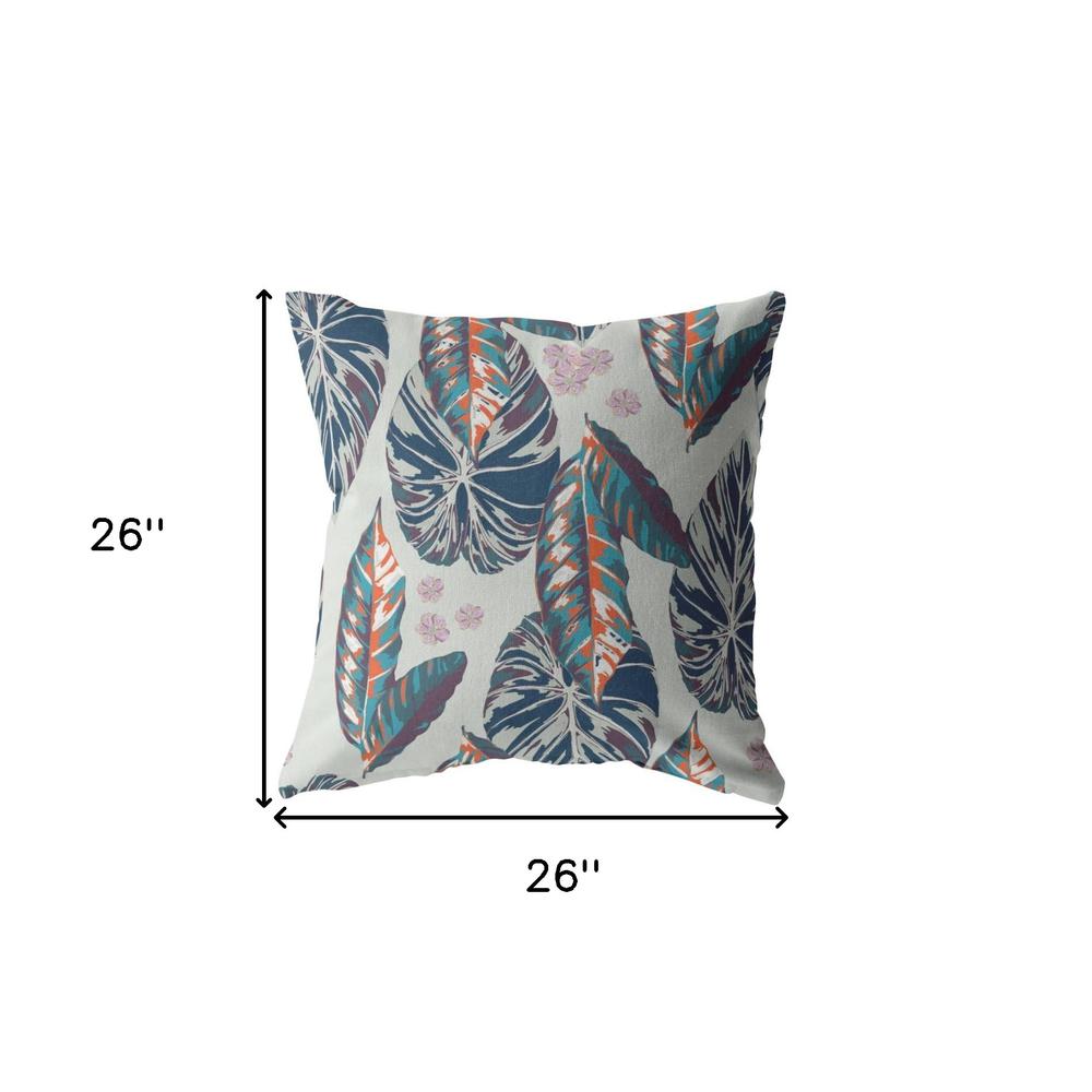 26” Blue Gray Tropical Leaf Indoor Outdoor Throw Pillow. Picture 5