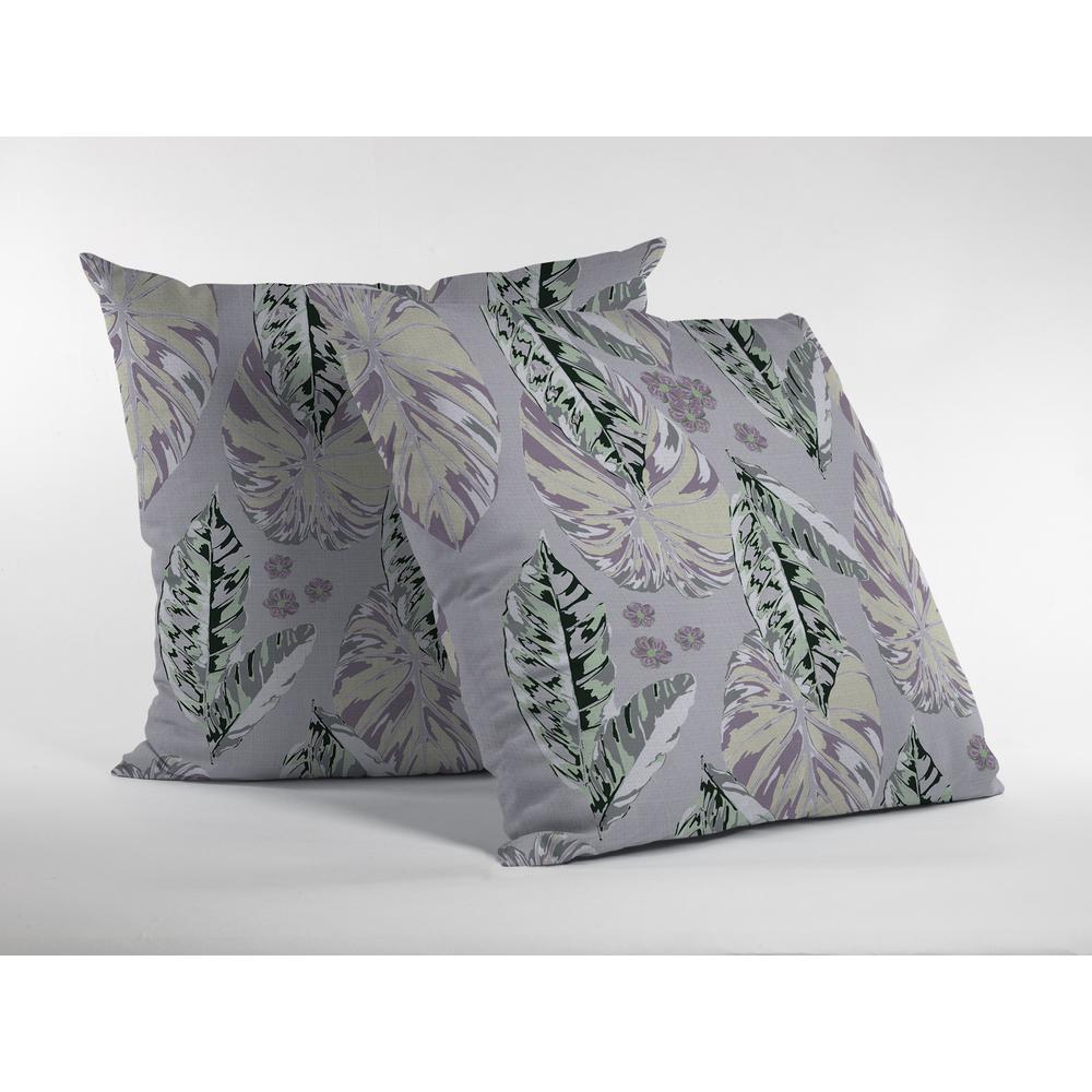 26” Gray Purple Tropical Leaf Indoor Outdoor Throw Pillow. Picture 1