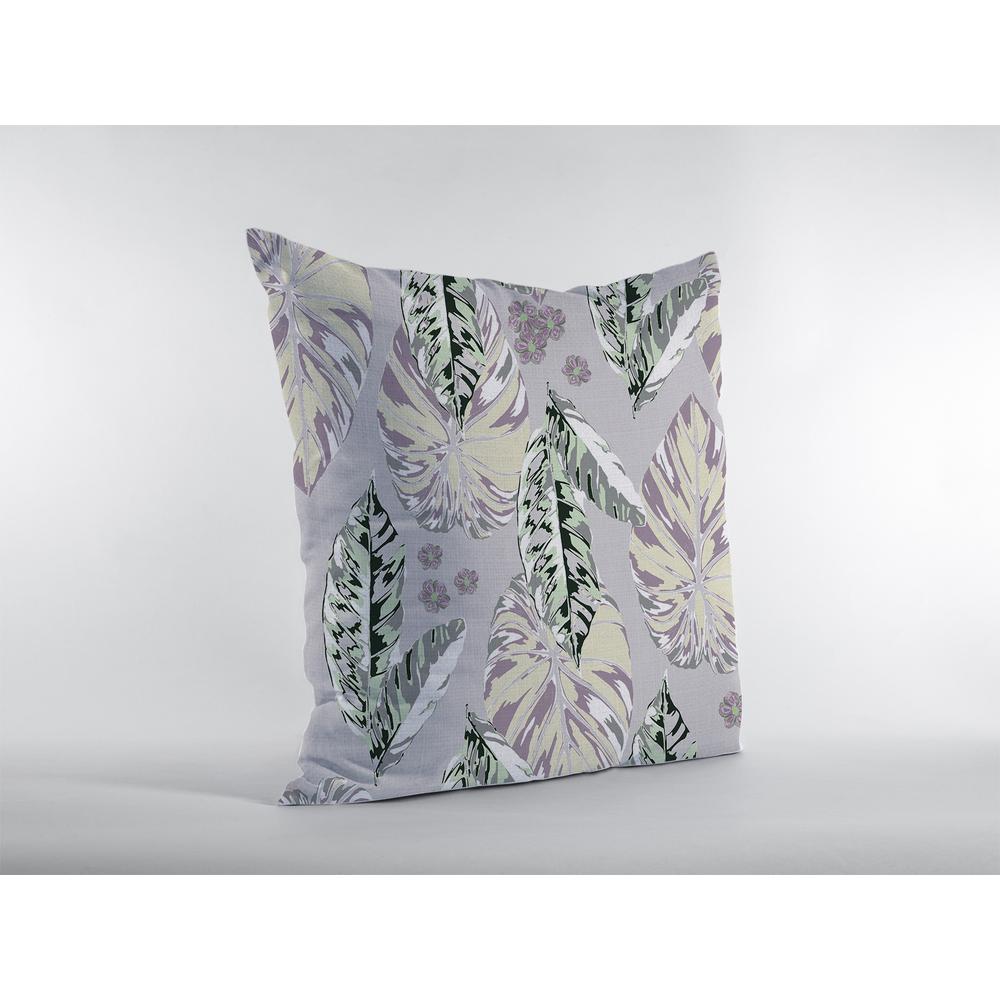 26” Gray Purple Tropical Leaf Indoor Outdoor Throw Pillow. Picture 2