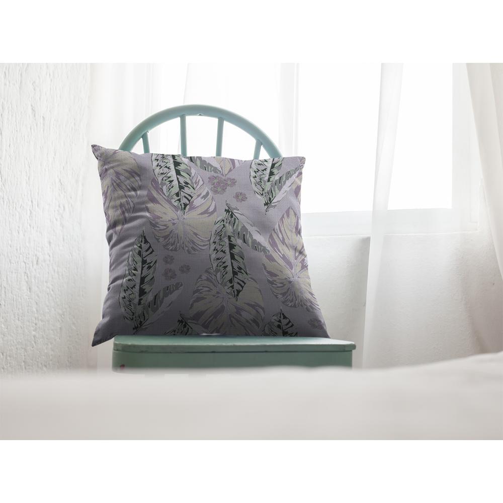 26” Gray Purple Tropical Leaf Indoor Outdoor Throw Pillow. Picture 3