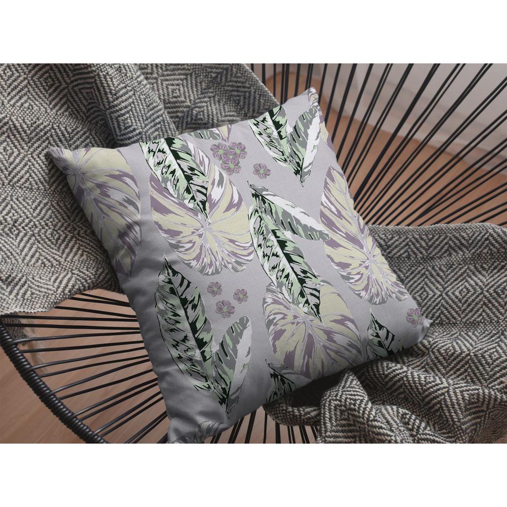 26” Gray Purple Tropical Leaf Indoor Outdoor Throw Pillow. Picture 4