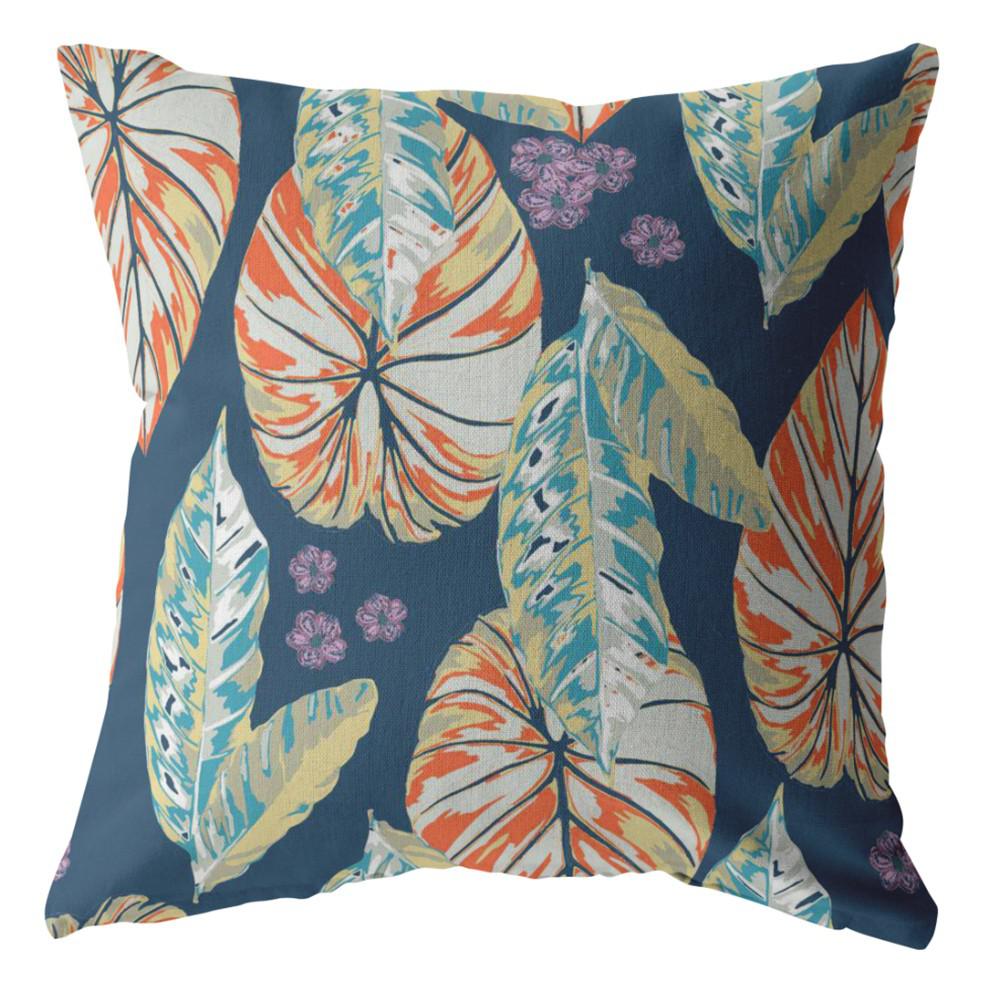 16” Orange Blue Tropical Leaf Indoor Outdoor Throw Pillow. Picture 1
