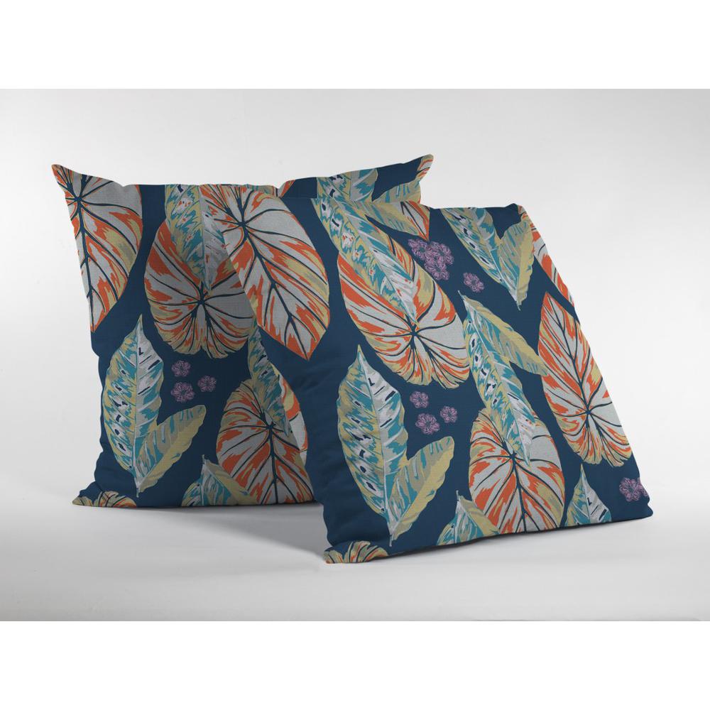 16” Orange Blue Tropical Leaf Indoor Outdoor Throw Pillow. Picture 2