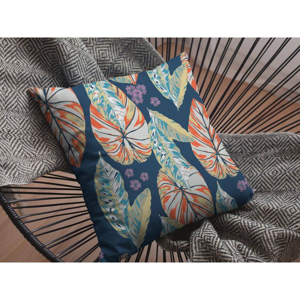 16” Orange Blue Tropical Leaf Indoor Outdoor Throw Pillow. Picture 3