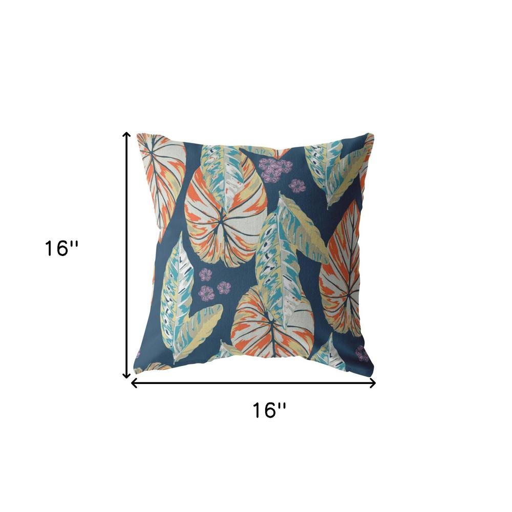 16” Orange Blue Tropical Leaf Indoor Outdoor Throw Pillow. Picture 5
