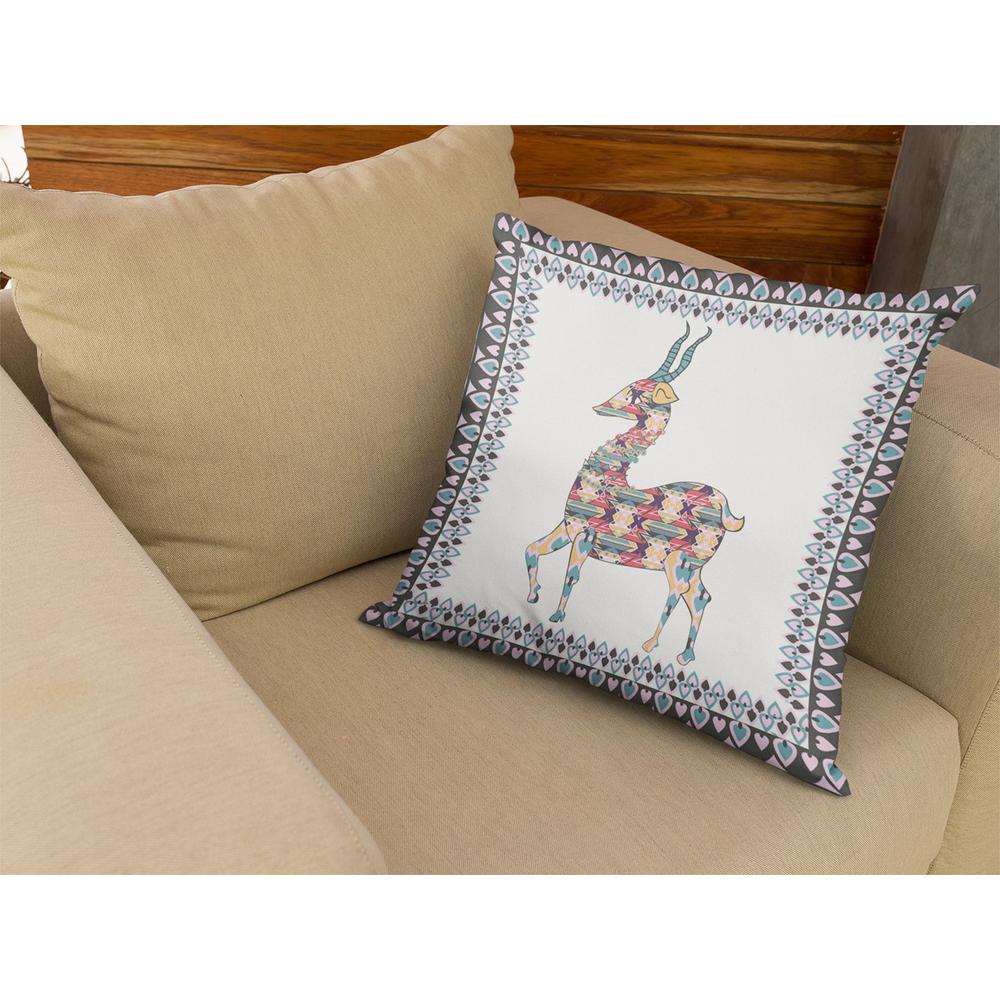 16" Blue White Boho Deer Indoor Outdoor Zippered Throw Pillow. Picture 3