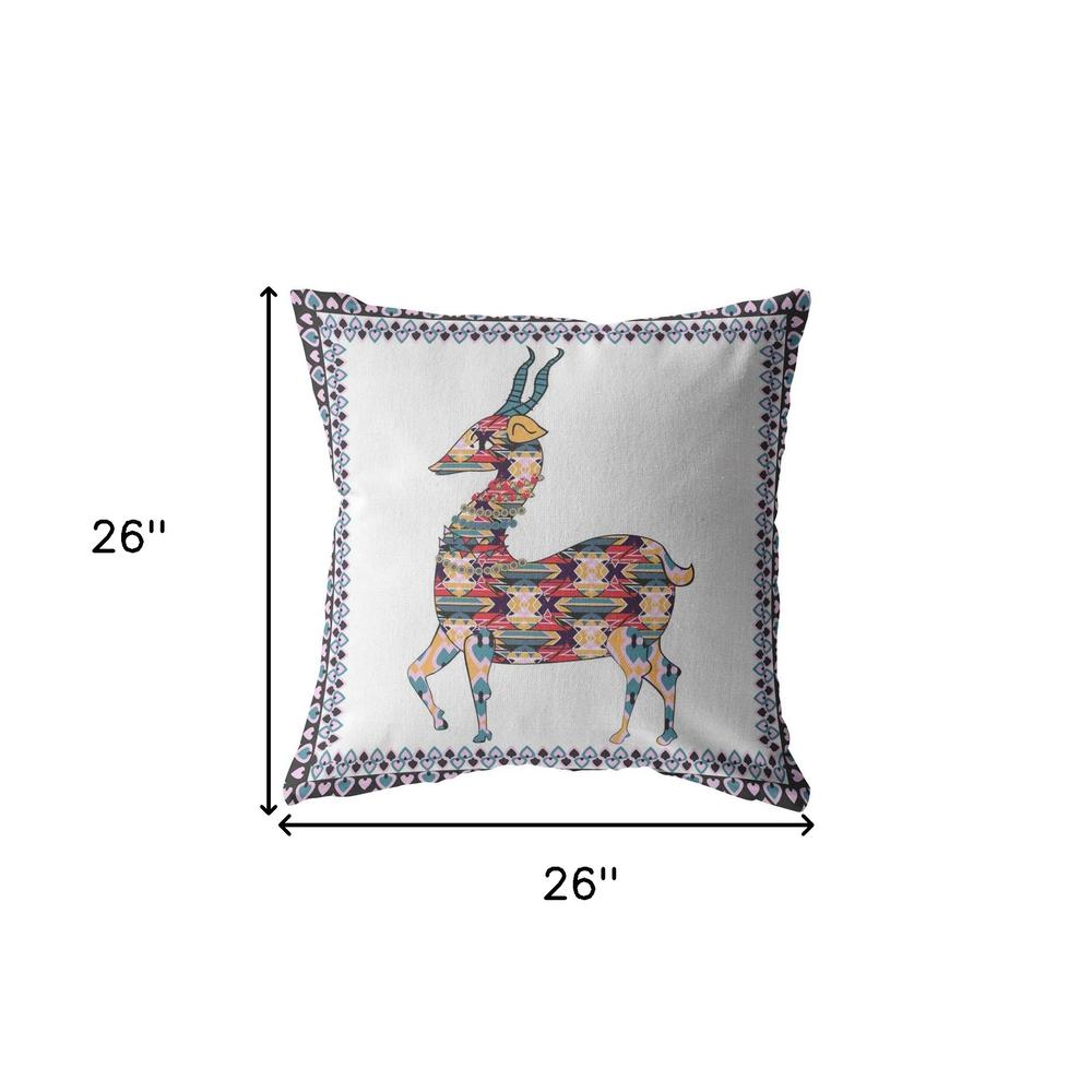 26" Blue White Boho Deer Indoor Outdoor Zippered Throw Pillow. Picture 5