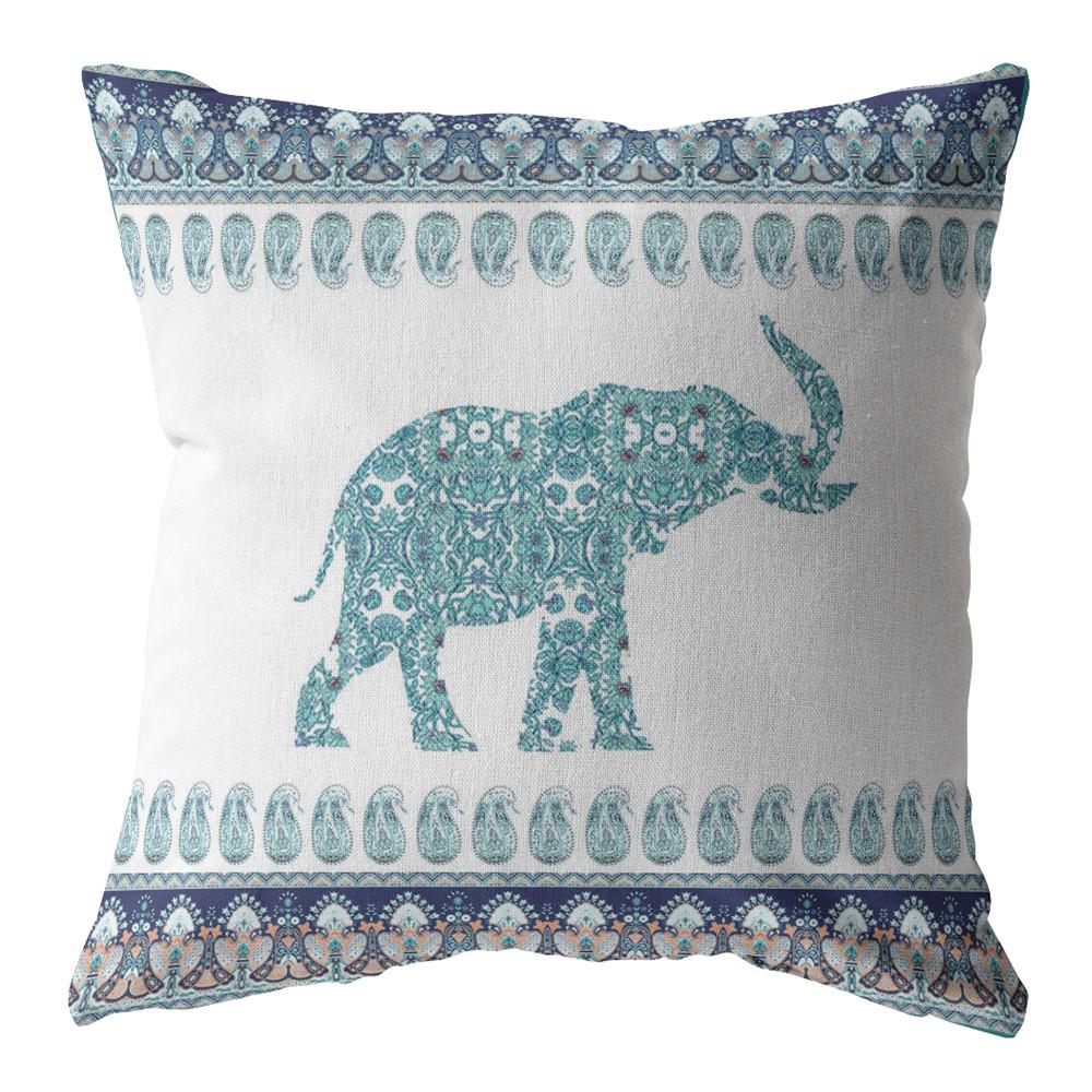 16” Teal Ornate Elephant Indoor Outdoor Zippered Throw Pillow. Picture 1