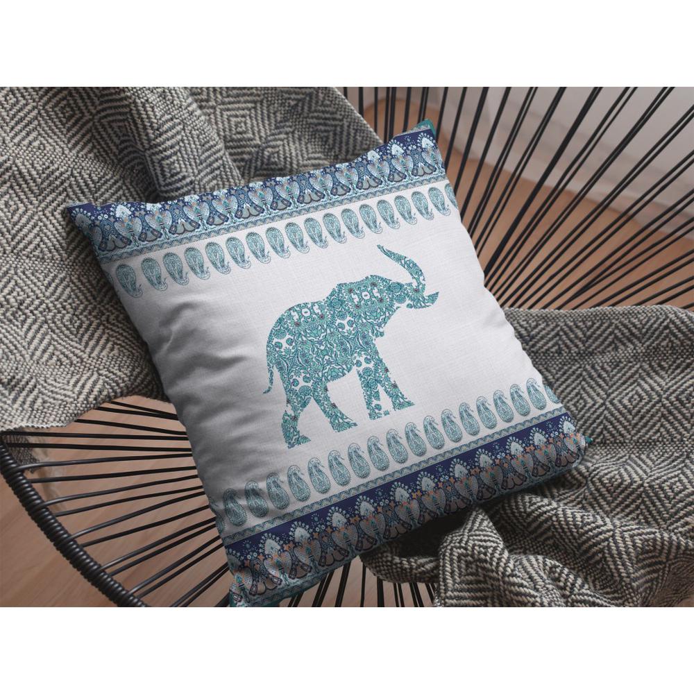 16” Teal Ornate Elephant Indoor Outdoor Zippered Throw Pillow. Picture 3