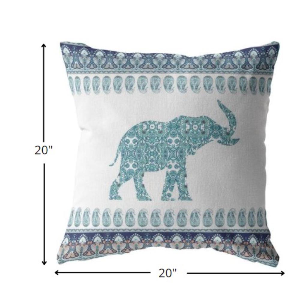 20” Teal Ornate Elephant Indoor Outdoor Zippered Throw Pillow. Picture 5