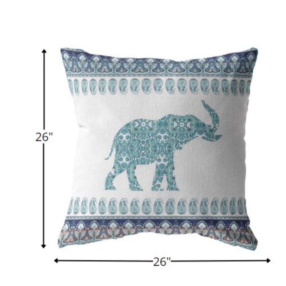 26” Teal Ornate Elephant Indoor Outdoor Zippered Throw Pillow. Picture 5