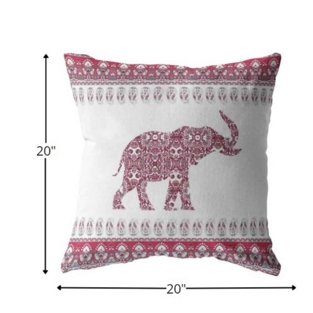20” Red White Ornate Elephant Indoor Outdoor Zippered Throw Pillow. Picture 5
