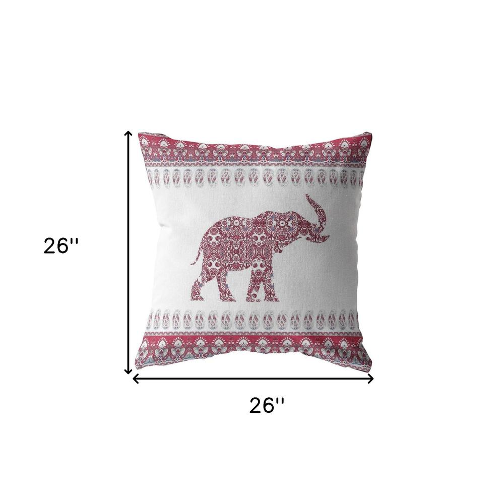 26” Red White Ornate Elephant Indoor Outdoor Zippered Throw Pillow. Picture 5