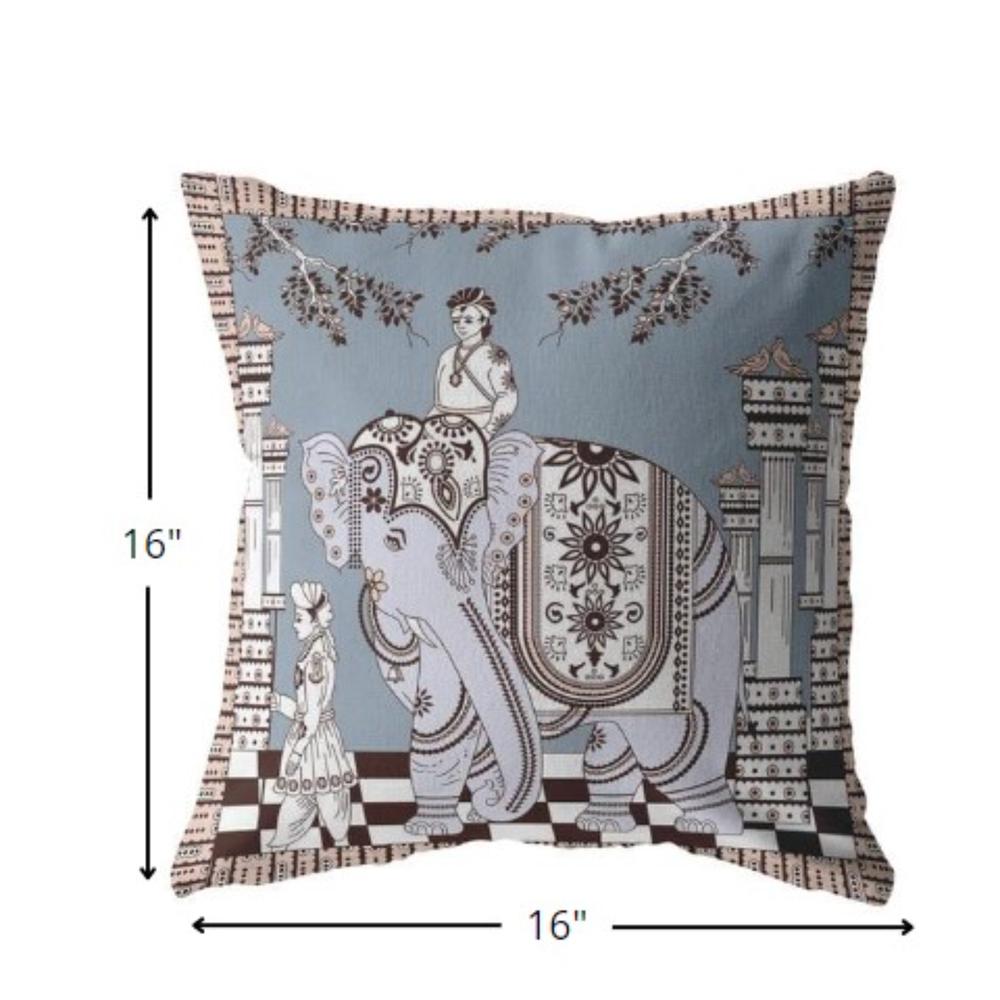 16” Blue Brown Ornate Elephant Indoor Outdoor Zippered Throw Pillow. Picture 5