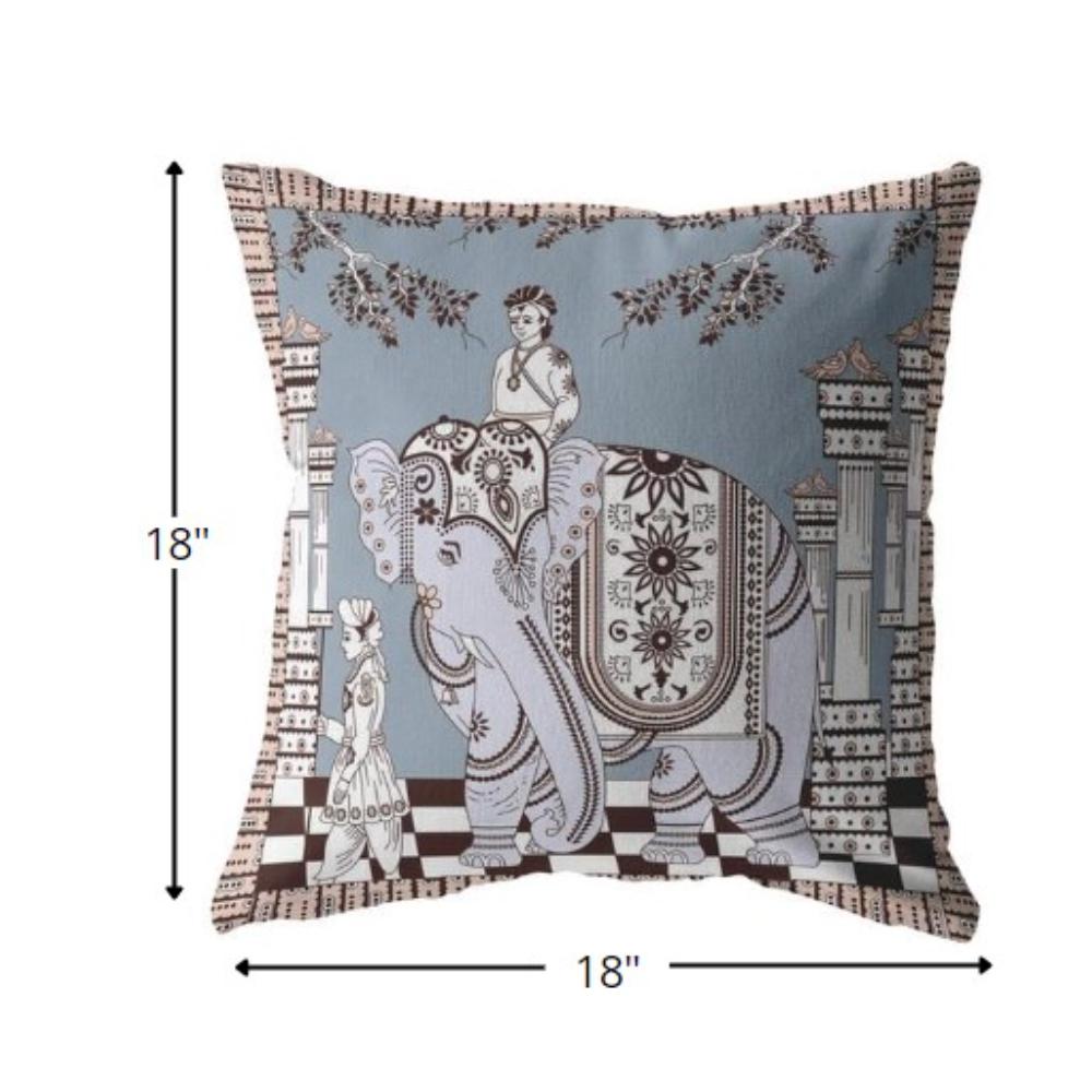 18” Blue Brown Ornate Elephant Indoor Outdoor Zippered Throw Pillow. Picture 5