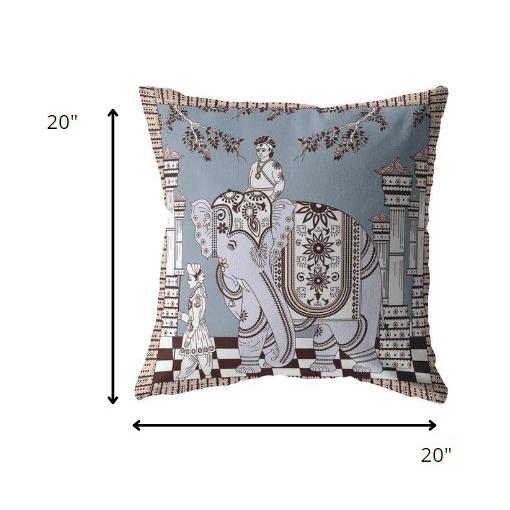 20” Blue Brown Ornate Elephant Indoor Outdoor Zippered Throw Pillow. Picture 5