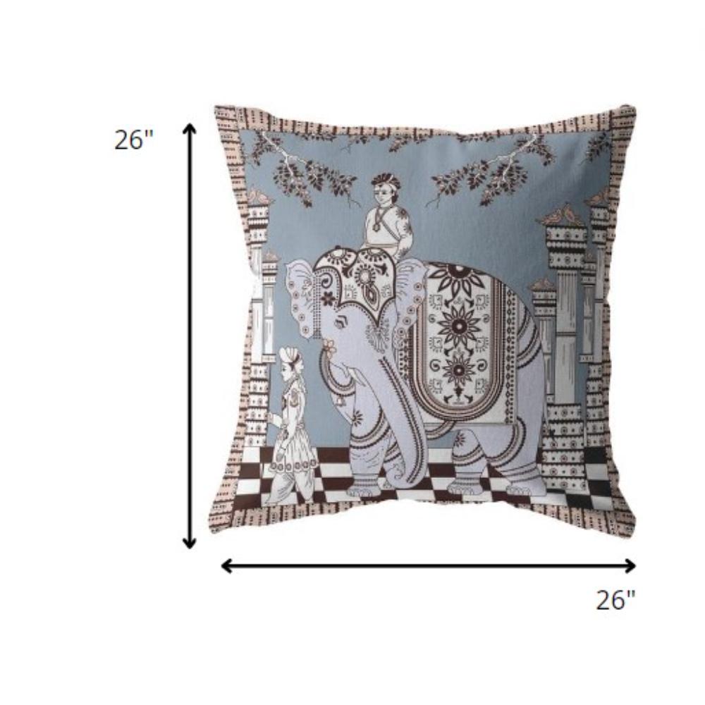 26” Blue Brown Ornate Elephant Indoor Outdoor Zippered Throw Pillow. Picture 5