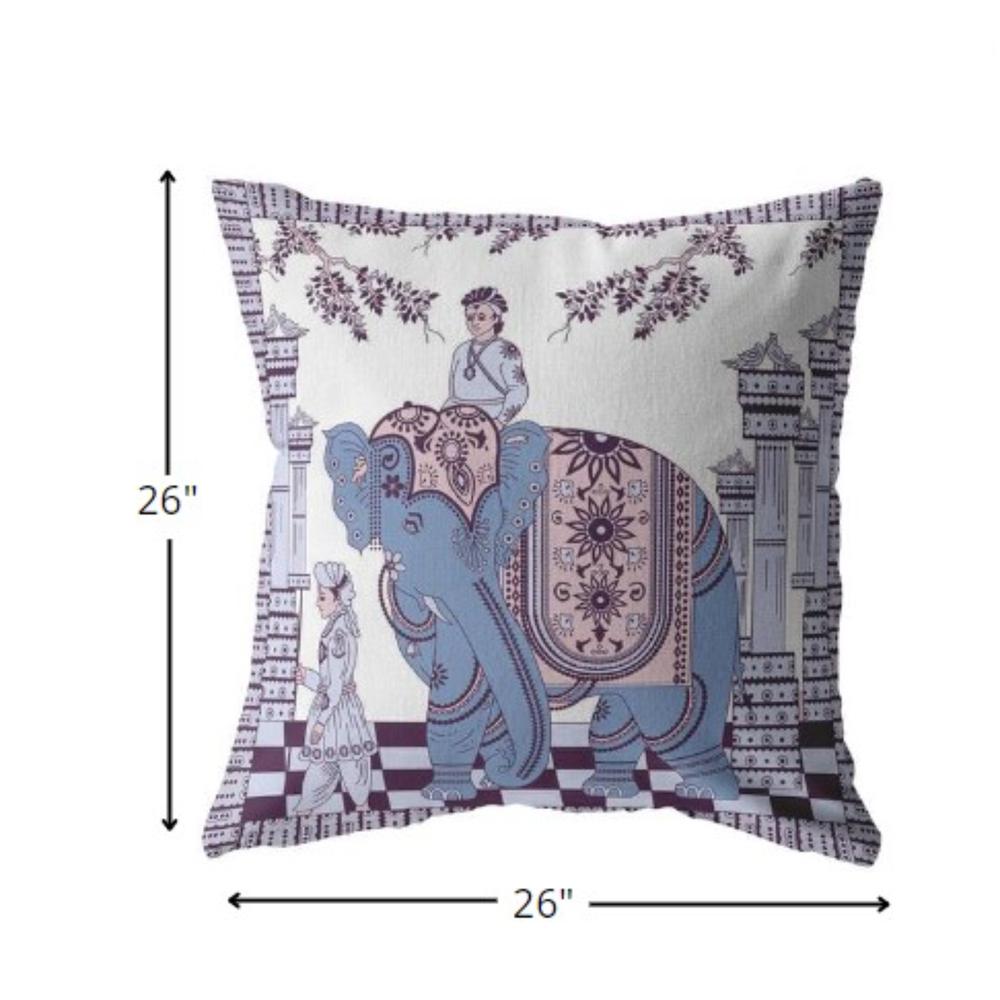 26” Blue Purple Ornate Elephant Indoor Outdoor Zippered Throw Pillow. Picture 5