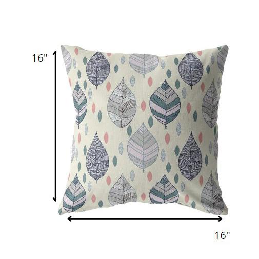 16” Cream Gray Leaves Indoor Outdoor Zippered Throw Pillow. Picture 5
